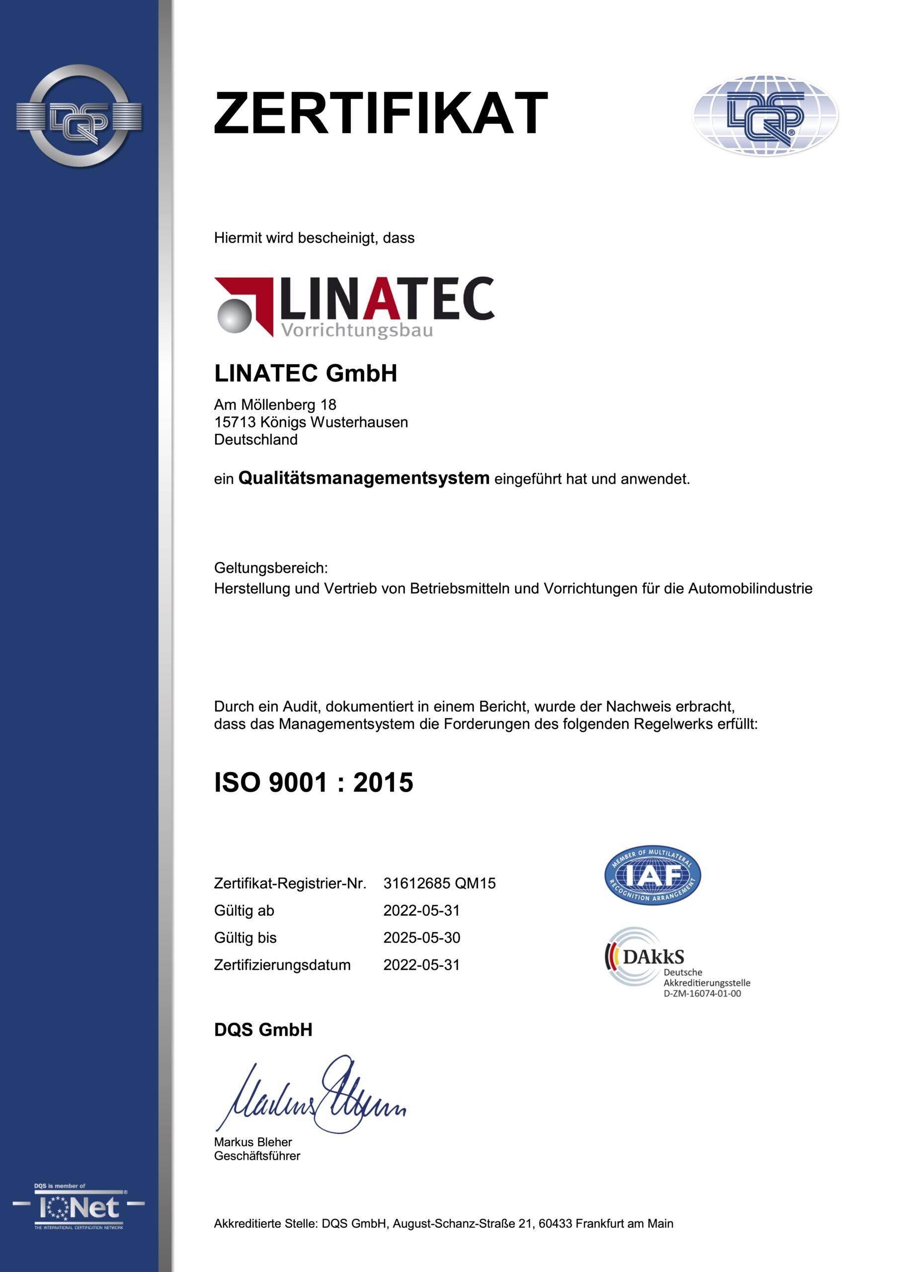 LINATEC GmbH - Zertifikat - DIN ISO 9001